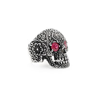 Antique Finish Floral Crimson Eye Skull Ring (Silver) left side - Popular Jewelry - New York