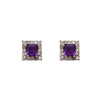 Diamond Halo Princess-Cut Square Amethyst Stud Earrings (14K)