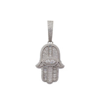 Zirconia Baguette Evil-Eye Hamsa Hand Pendant (Silver)