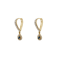 Blue Stone Pave Teardrop V-Shape Hanging Huggie Earrings (14K) Popular Jewelry New York