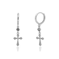 Cross Hanging CZ Earrings (14K) White Gold
