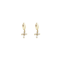 Dangling Cross Baguette CZ Huggie Earrings (14K)