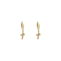 Dangling Cross CZ Huggie Earrings (14K)