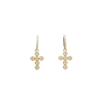 Dangling Round Cross CZ Huggie Earrings (14K)