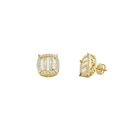 Diamond Rounded Square 3 Rows Stud Earrings (14K)