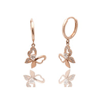 Hanging Butterfly CZ Huggie Earrings (14K). Rose Gold