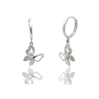 Hanging Butterfly CZ Huggie Earrings (14K). White Gold