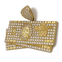 Iced Out Hundred Dollars Bills CZ Pendant (14K) 14 Karat Yellow Gold, Cubic Zirconia, Popular Jewelry New York