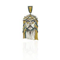 Blue and Yellow Diamond Jesus Head Pendant (14K)