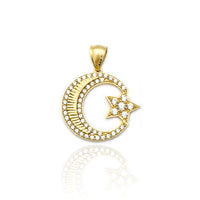 Crescent Moon & Star Diamond-Cut CZ Pendant (14K)