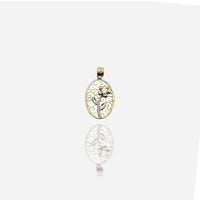 Tri-Color Wiry Oval Frame Flower Pendant (14K)
