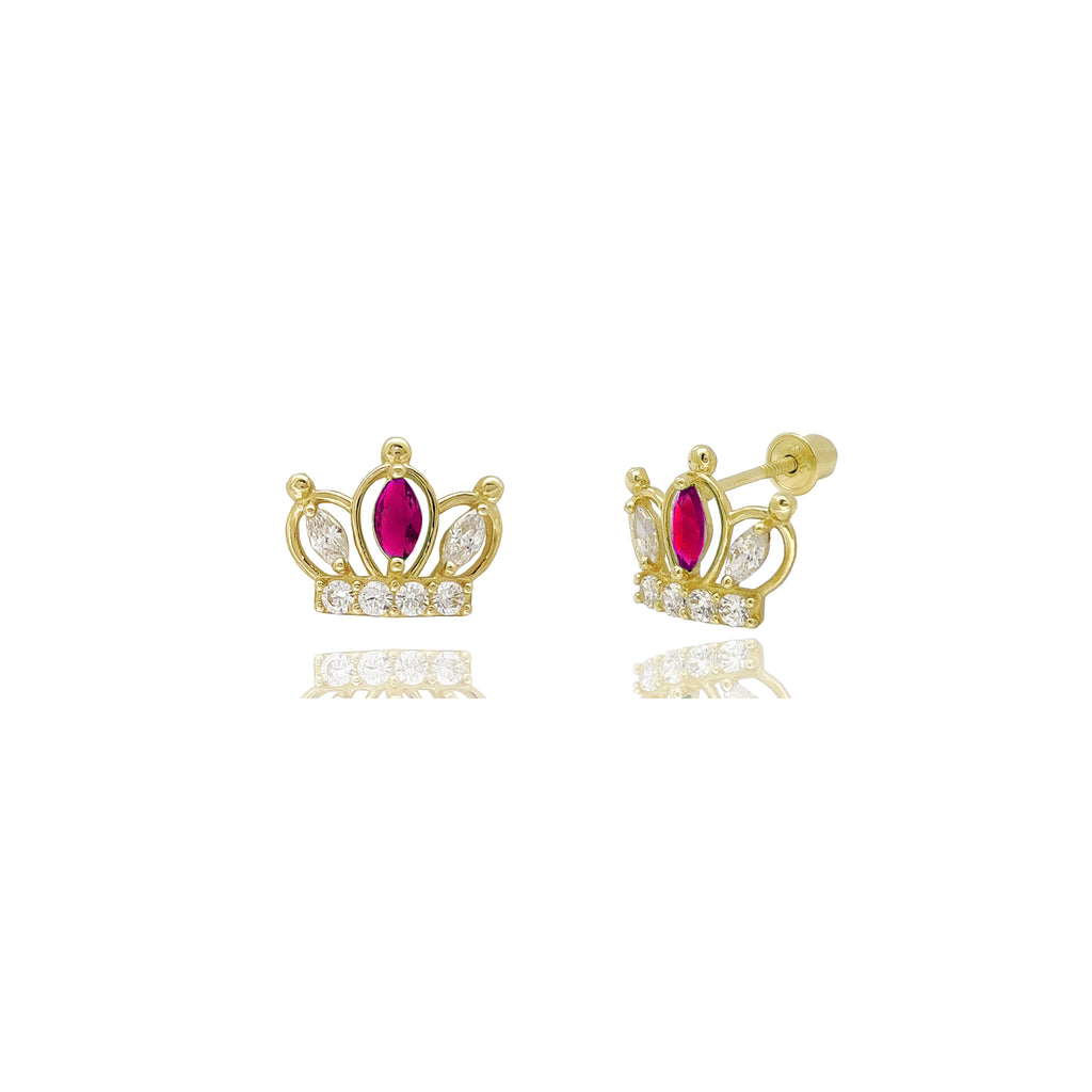 14K Yellow Gold Pink/Purple CZ Crown Screw Back Earrings For Girls