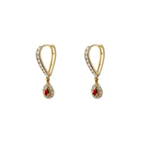 Red Stone Pave Teardrop V-Shape Hanging Huggie Earrings (14K) Popular Jewelry New York