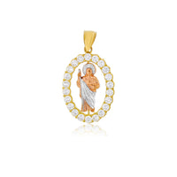 Tricolor Saint Jude Oval CZ Frame Pendant (14K)