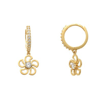 Yellow Gold Pave Setting Outlined Flower Drop Earrings (14K) Popular Jewelry New York