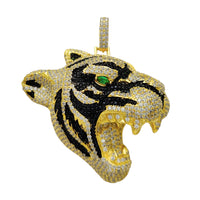 Yellow Silver Iced-Out Tiger Head Pendant (Silver) Popular Jewelry New York