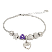 Zirconia Heart Charm Snake Link Bracelet (Silver)