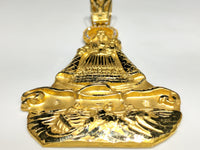 A front view from bottom of Our Lady of Charity "Cardidad" 14K Yellow Gold Pendant laying flat - Popular Jewelry