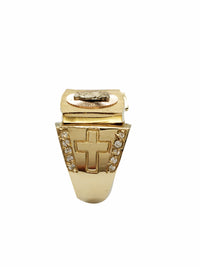 Tricolor Halo Virgin Mary & Cross Men's Ring (14K)