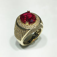 Men's Iced-Out Red Stone Ring 14K Cubic Zirconia Ruby - Popular Jewelry