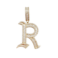 Yellow Gold Baguette Diamond Letter R Initial Pendant (14K)