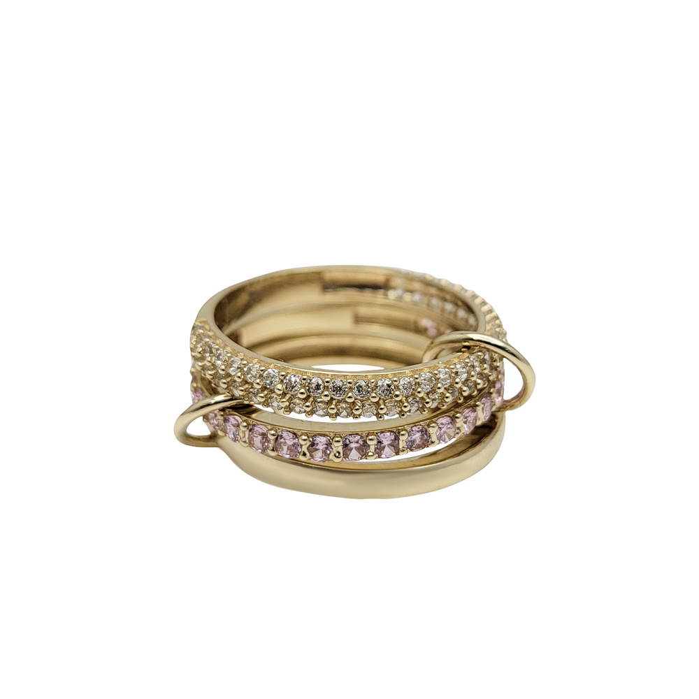 Pink & White Zirconia Connected 3-Piece Stack Ring (14K)