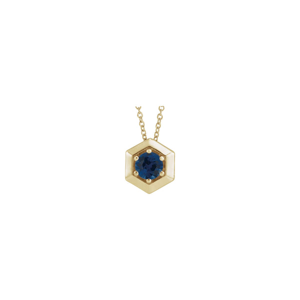 Natural Blue Sapphire Solitaire Hexagon Necklace (14K) front - Popular Jewelry - New York