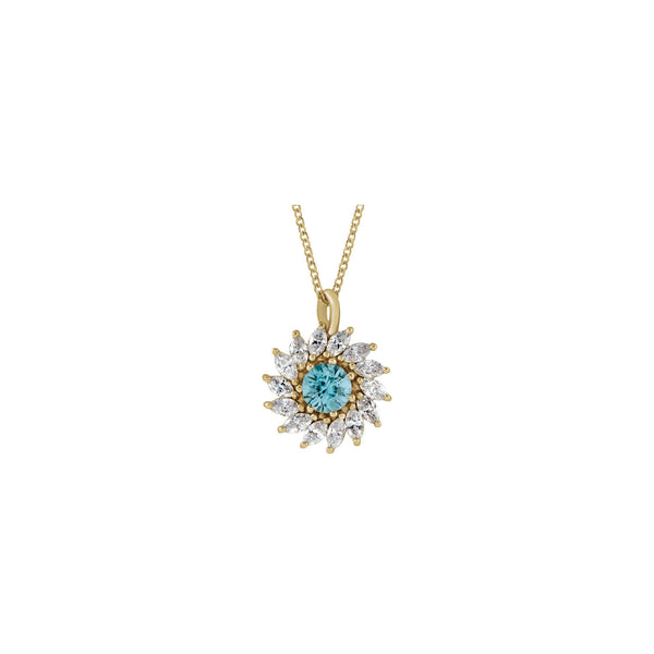 Natural Blue Zircon and Marquise Diamond Halo Necklace (14K) front - Popular Jewelry - New York