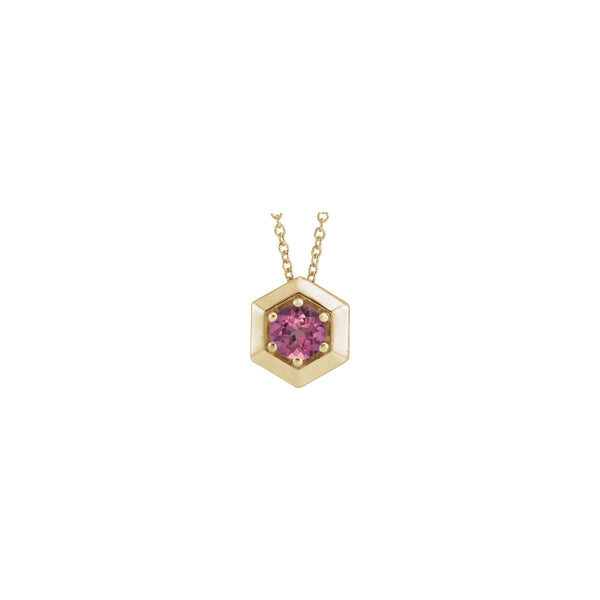 Natural Pink Tourmaline Solitaire Hexagon Necklace (14K) front - Popular Jewelry - New York