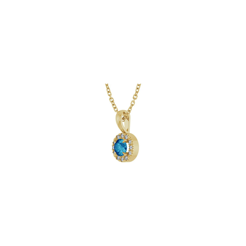 Natural Round Blue Zircon and Diamond Halo Necklace (14K) diagonal - Popular Jewelry - New York