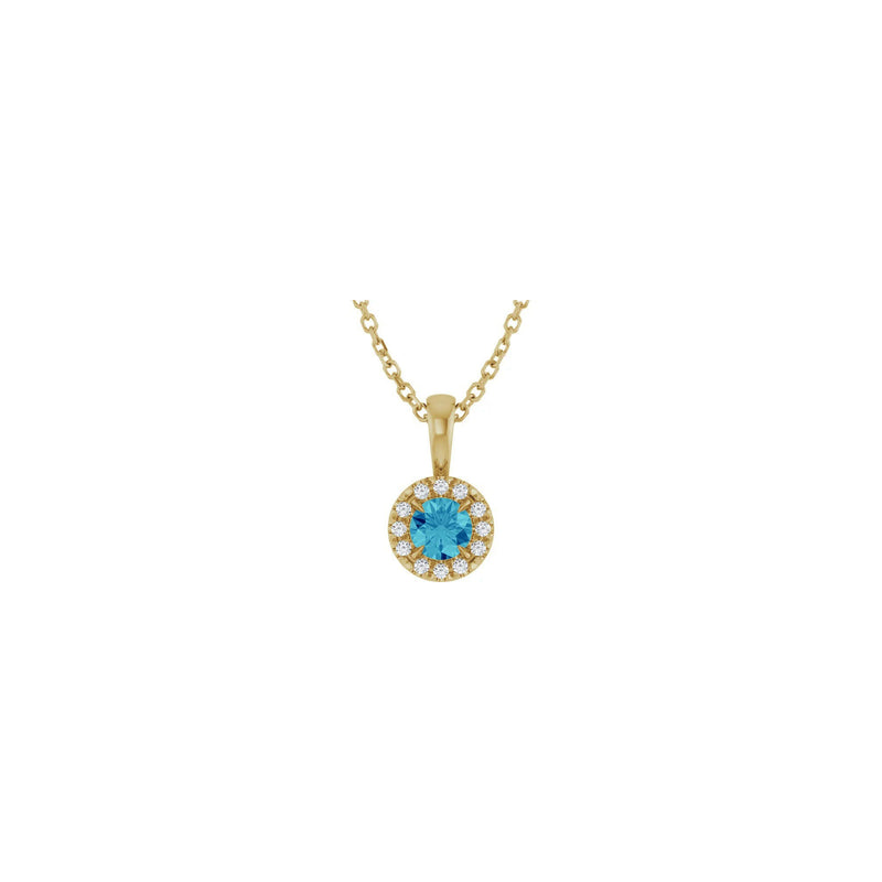Natural Round Blue Zircon and Diamond Halo Necklace (14K) front - Popular Jewelry - New York