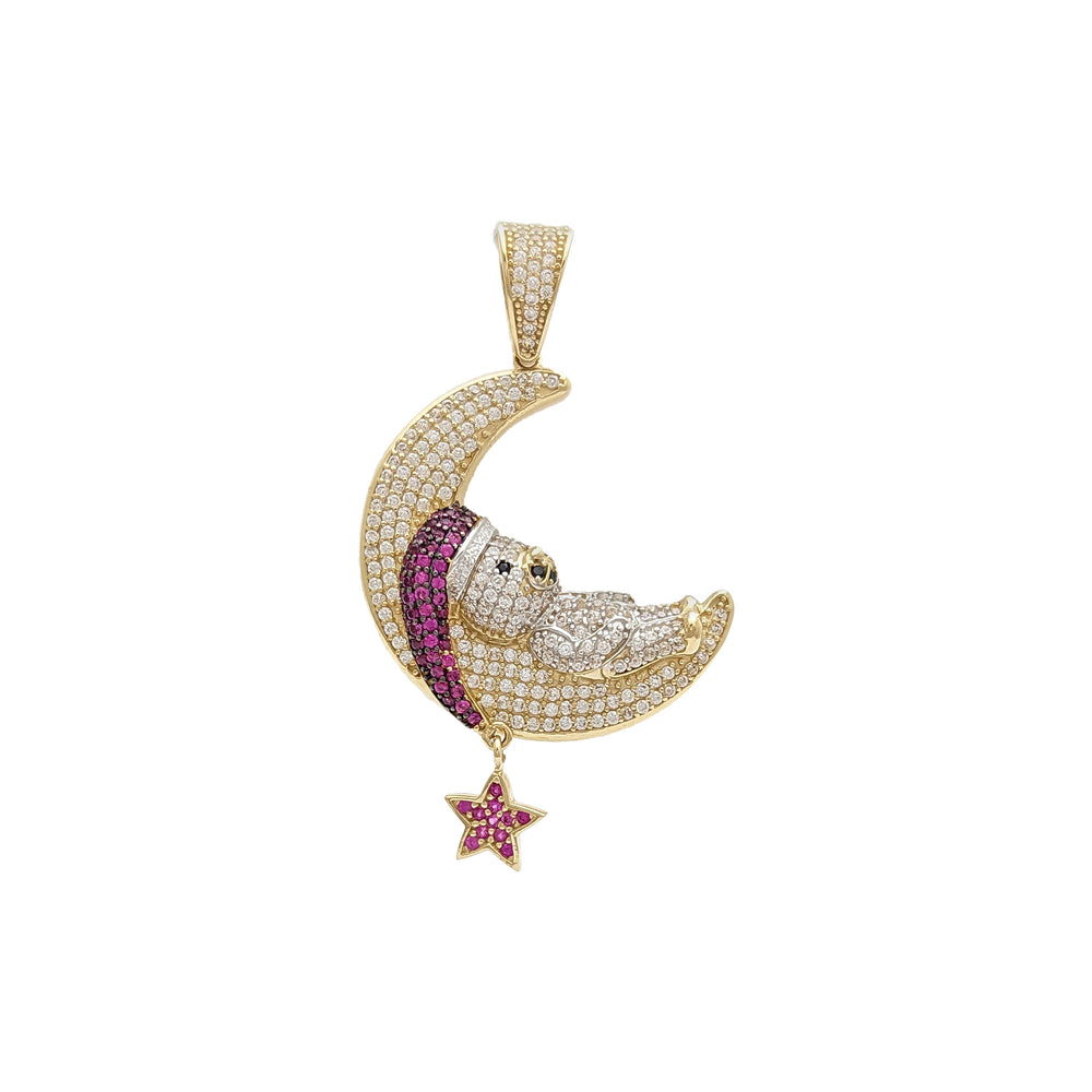 Sleep Time Teddy Bear on Crescent Moon CZ Pendant (14K) Popular Jewelry - New York
