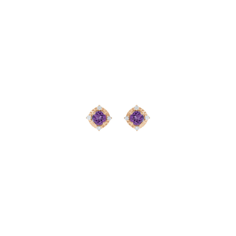 Amethyst and Natural Diamond Accent Halo Stud Earrings (Rose 14K) front - Popular Jewelry - New York