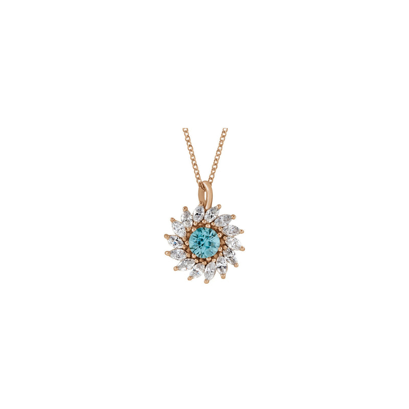 Natural Blue Zircon and Marquise Diamond Halo Necklace (Rose 14K) front - Popular Jewelry - New York