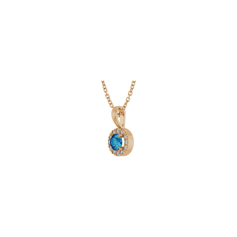 Natural Round Blue Zircon and Diamond Halo Necklace (Rose 14K) diagonal - Popular Jewelry - New York
