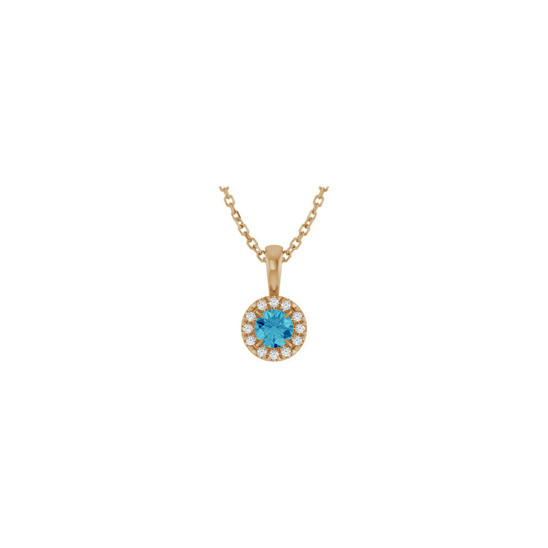 Natural Round Blue Zircon and Diamond Halo Necklace (Rose 14K) front - Popular Jewelry - New York