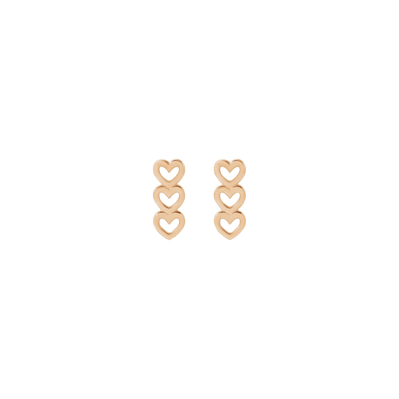 Triple Heart Outline Stud Earrings (Rose 14K) front - Popular Jewelry - New York