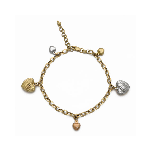Multi-Texture Puffed Hearts Bracelet (Tricolor 14K) Popular Jewelry - New York