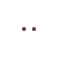 Front view of a pair of 14K yellow gold white Diamond halo setting earrings featuring a round Alexandrite center gemstone