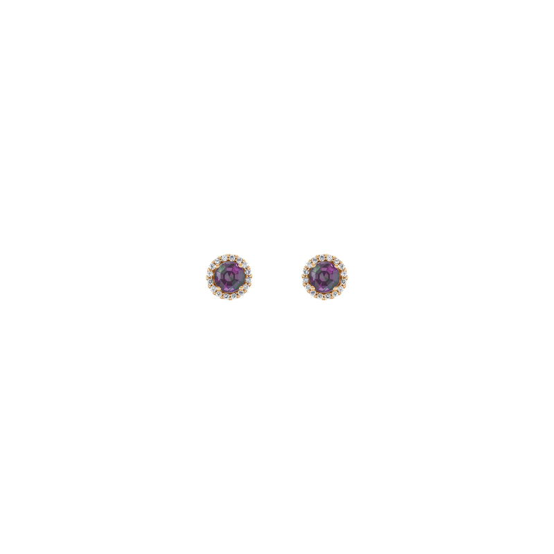 Front view of a pair of 14K yellow gold white Diamond halo setting earrings featuring a round Alexandrite center gemstone