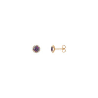 Front and side view of a pair of 14K yellow gold white Diamond halo setting earrings featuring a round Alexandrite center gemstone