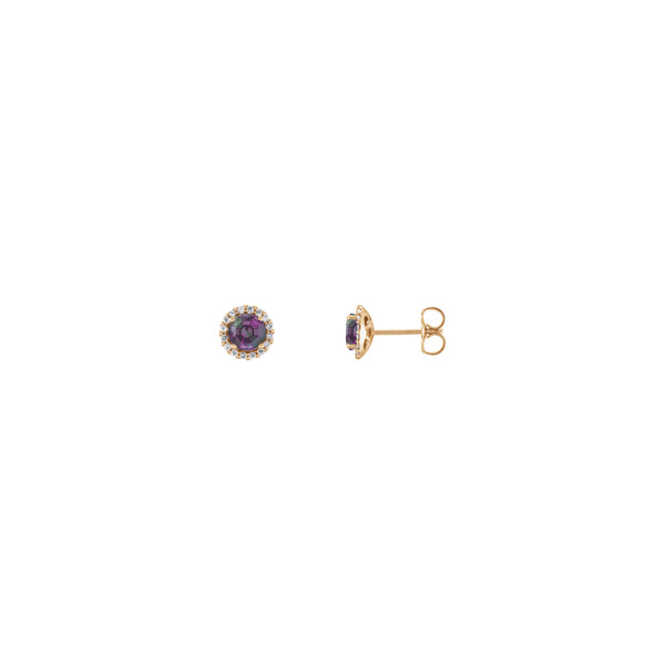 Front and side view of a pair of 14K yellow gold white Diamond halo setting earrings featuring a round Alexandrite center gemstone