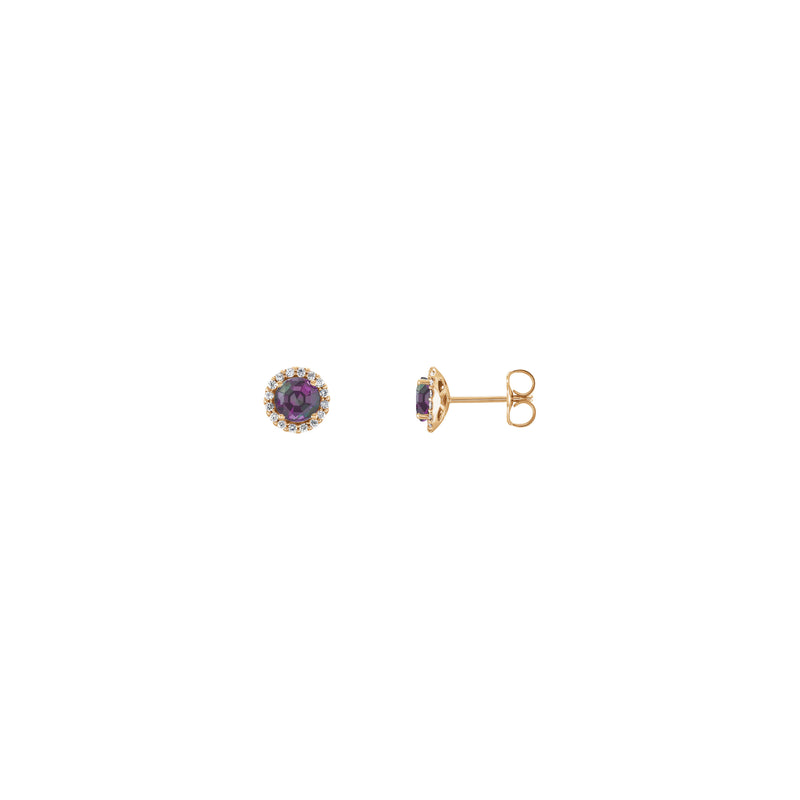 Front and side view of a pair of 14K yellow gold white Diamond halo setting earrings featuring a round Alexandrite center gemstone