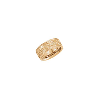 Front view of a ring made in 14k rose gold featuring Etruscan style patterns