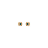Front view of a pair of 14K rose gold flower earrings featuring a round Alexandrite center gemstone