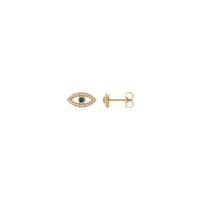 Front and side view of a pair of 14k rose gold eye stud earrings featuring a round alexandrite gemstone as the iris of the eye. Round white sapphire gemstones complement the look by bordering the outline of the eyes.