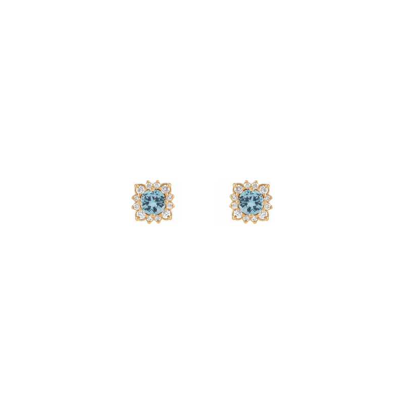 Aquamarine and Natural Diamond Leafy Halo Stud Earrings (Rose 14K) front - Popular Jewelry - New York