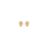 Front view of 14k rose gold monstera leaf earrings