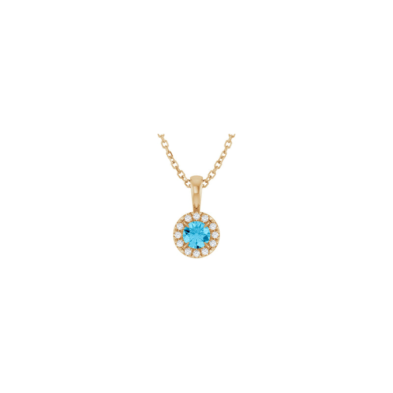 Natural Round Aquamarine and Diamond Halo Necklace (Rose 14K) front - Popular Jewelry - New York