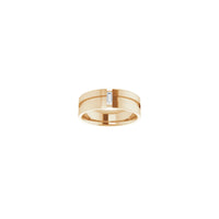 Front view of a 14k rose gold notched ring featuring a vertically set white straight baguette diamond in the center